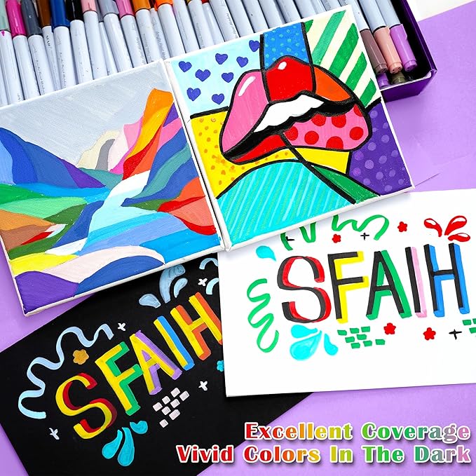 SFAIH Halloween Gifts Acrylic Paint Markers, 48 Colors Dual Tips Acrylic Brush Markers With Chisel Tip, Automatic Ink Control, Ultra-High Coverage, No Bleed Ink, Art Supplies for Rock, Canvas, Fabric