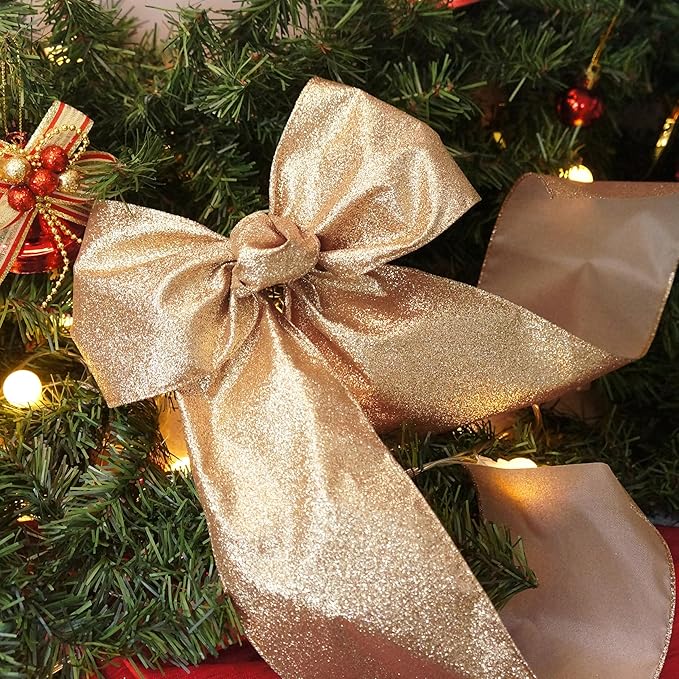 CT CRAFT LLC Glitter Wired Ribbon 4" x 10 Yards Gold (Champagne Gold) for Christmas Home Decor Bow Gift Wrapping DIY Crafts Wreath