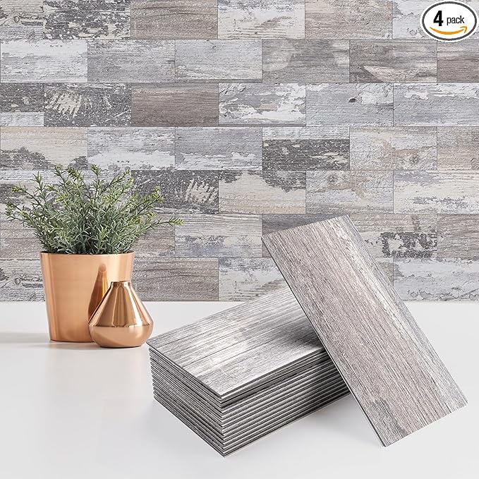 4 Pieces Peel and Stick Backsplash for Kitchen, 3" x 6" PVC Subway Tile Upgraded Distressed Wood Backsplash Stick on Tile Elevate Kitchen, Bathroom, Fireplace,RV
