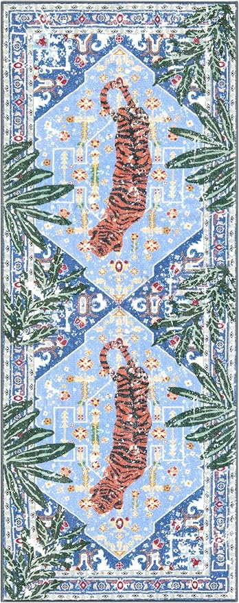 Oriental Tropical Kitchen Runner Rug 2x5 Washable, Thin Stain Resistant Blue Boho Bathroom Runner Rug for Hallway Entryway Bedroom Laundry, Vintage Abstract Hippie Botanical Long Carpet