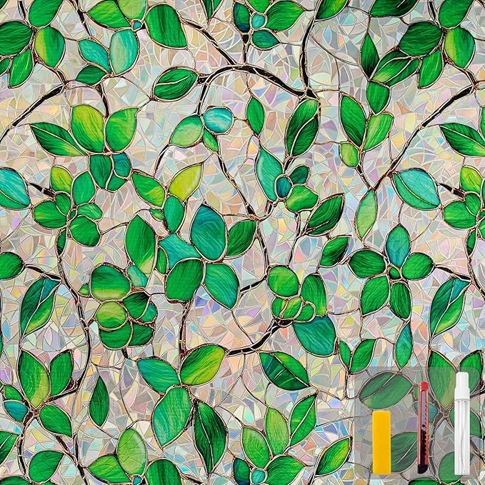 Window Privacy Film Stain Glass Window Film Rainbow Window Film Window clings Non-Adhesive Reusable Decorative for Room (Greenery Leaf, 17.5 x 157.4 in)