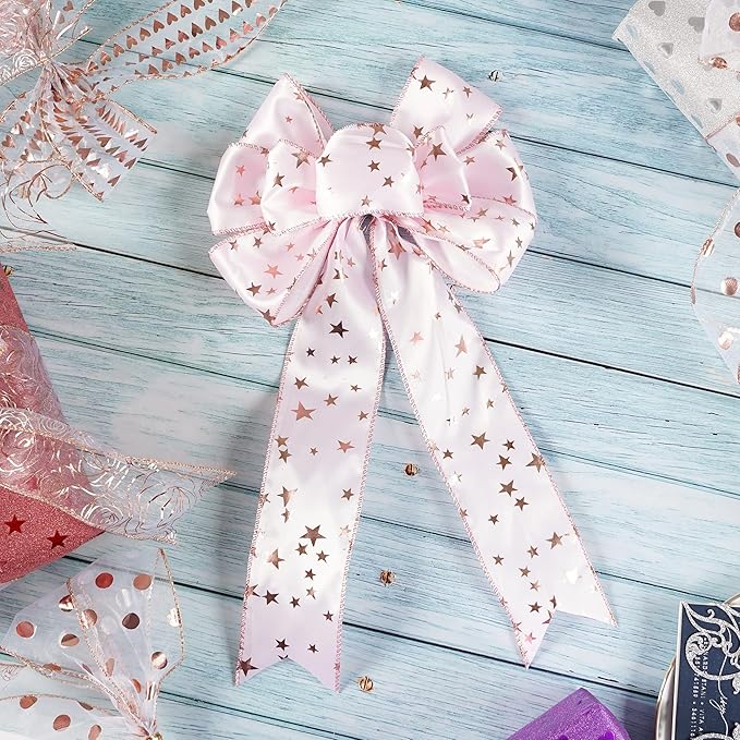 MEEDEE Rose Gold Star Satin Wired Ribbon - 2.5 Inch Pink Wedding Ribbon - 25 Yards Roll Christmas Decor
