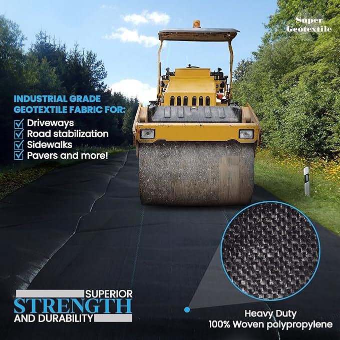 Woven Geotextile Fabric for Driveway and Road Stabilization, Construction Underlayment, Erosion Control, Commercial Grade 50 Year for Gravel Roads and Pavers (17.5x30) Ships Folded