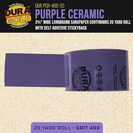Dura-Gold Premium 400 Grit PSA Purple Film Ceramic Longboard Sandpaper, 2-3/4" Wide Continuous 20 Yard Roll - Self Adhesive Stickyback for Auto & Wood Air File Long Board Sanders, Hand Sanding Blocks