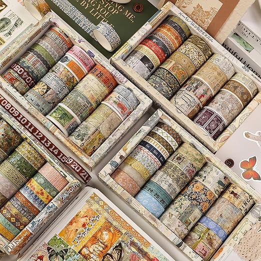 Vintage Washi Tape Set - 24 Rolls Arts Adhesive Tapes Assorted Retro Decorative Masking Tape Sets for Craft, Kids, Scrapbook, DIY, Gift Wrapping (4-Nature Journal)