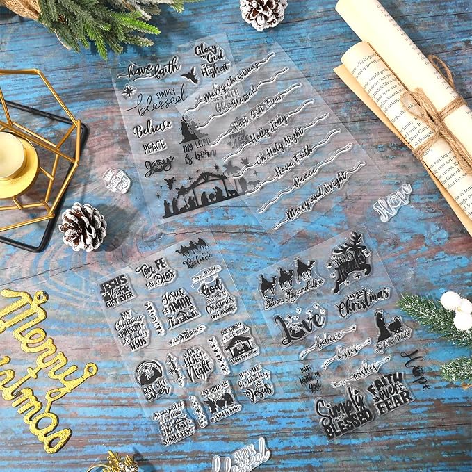 Whaline 4 Sheets Christmas Clear Stamps Greeting Words Nativity Scene Silicone Transparent Stamps Holy Night Stamp for Xmas DIY Craft Card Making Scrapbooking Embossing Album Decor