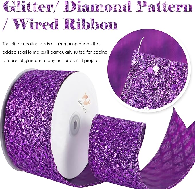 HUIHUANG Purple Wired Ribbon for Christmas Tree 2.5 inch Purple Glitter Diamond Mesh Ribbon for Tree Decoration, Wreaths, Garland, Gift Wrapping, Large Bows Making, Halloween Decor -10 Yards