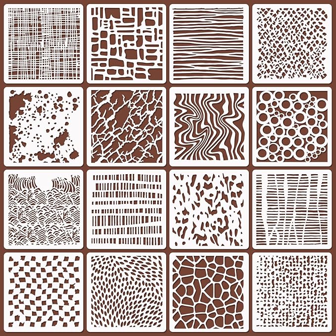 16 Pcs Layering Stencils for Painting, 6"x6" Mixed Texture Bubble Dot Waves Stone Crackle Splatter Geometric Stencils for Painting on Card Canvas, Mix Media Spray Paint Templates