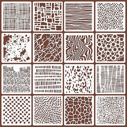 16 Pcs Layering Stencils for Painting, 6"x6" Mixed Texture Bubble Dot Waves Stone Crackle Splatter Geometric Stencils for Painting on Card Canvas, Mix Media Spray Paint Templates