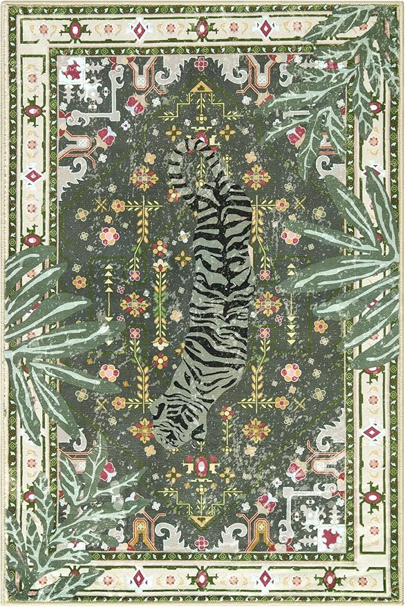 Oriental Tropical Washable Rugs, Greyish Green Boho Vintage Hippie 5x7 Area Rugs for Living Room Bedroom Kitchen Entryway Dorm, Abstract Botanical Animal Tribal Indian Accent Carpet