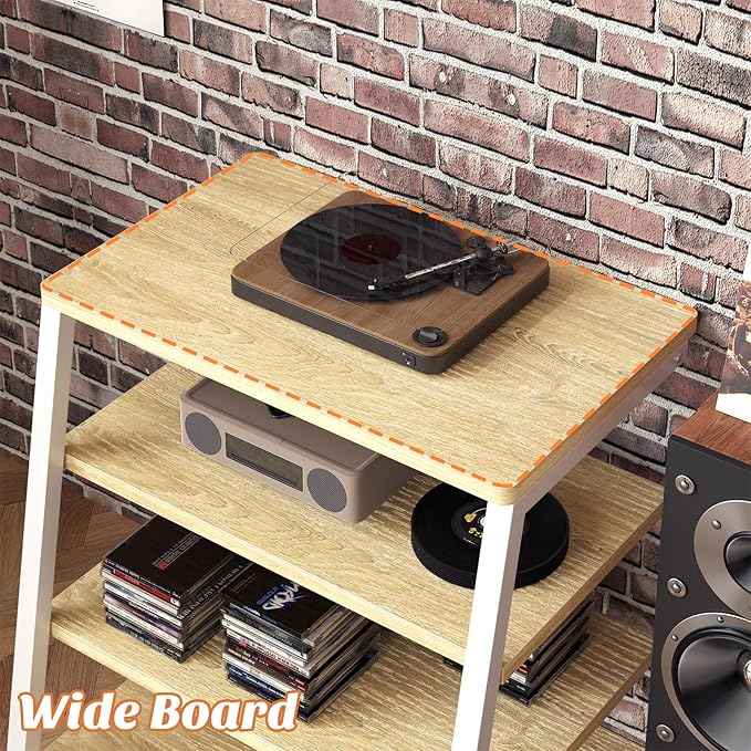 AV Media Stand with Outlets, Media Console with LED Lights, Stereo Racks and Stands with Storage Shelves, Media Audio Tower Cabinet, Natural Oak and White