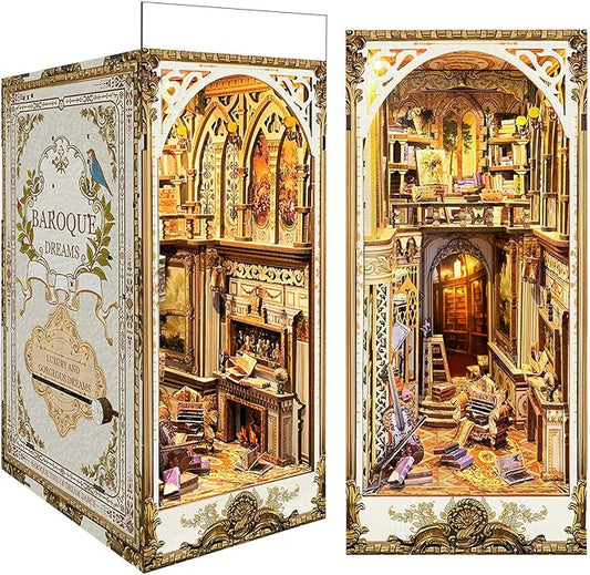Book Nook Kit, DIY Miniature Dollhouse Kit Book Nook, 3D Wooden Puzzle Bookends for Bookshelf Insert Decor with LED Light for Teens and Adults (Baroque Dreams)