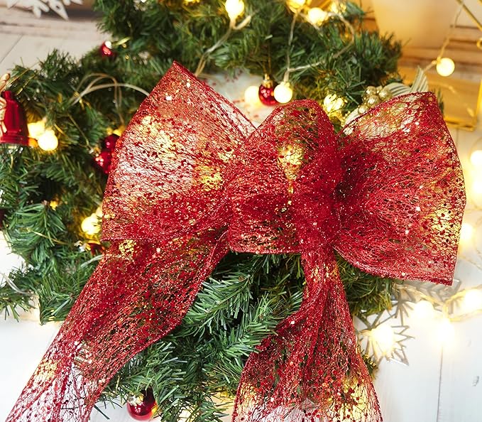 CT CRAFT LLC Sparkling Glitter Mesh Wired Ribbon 6" x 10 Yards Red for Christmas Home Decor Bow Gift Wrapping DIY Crafts Wreath