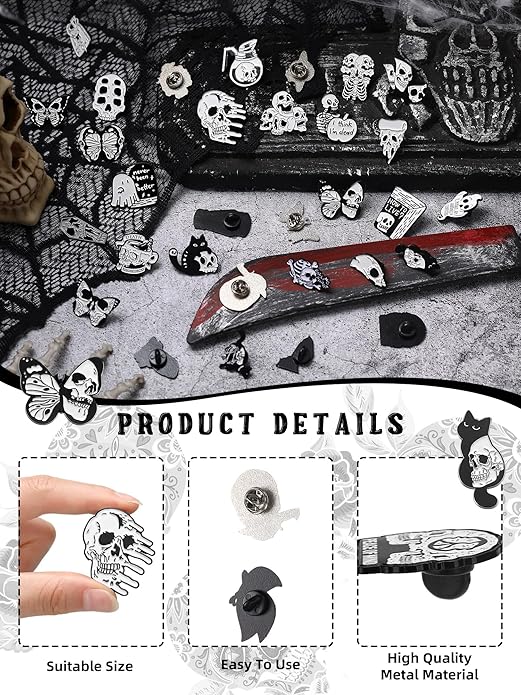 Ferraycle 30 Pieces Halloween Enamel Pins Set Horror Enamel Pins for Backpacks Cool Skeleton Ghost Butterfly Cat Lapel Pin Steampunk Brooches Pin for Hats Clothes Women Men