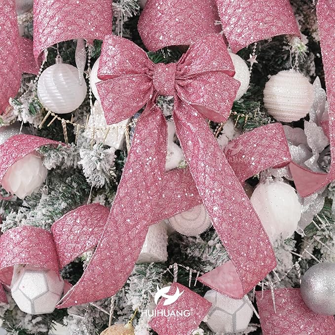 HUIHUANG Pink Glitter Wired Ribbon for Christmas Tree 2.5 inch Light Pink Diamond Mesh Wire Ribbon for Tree Decoration, Wreaths, Garland, Gift Wrapping, Bows Making, Home Decor -10 Yards