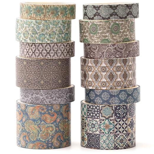 12 Rolls Exotic Charm Washi Tape Set Floral Arts Adhesive Tapes Geometric Garden Decorative Masking Tape Sets for Craft, Kids, Scrapbook, DIY, Gift Wrapping (Amber Tranquility)