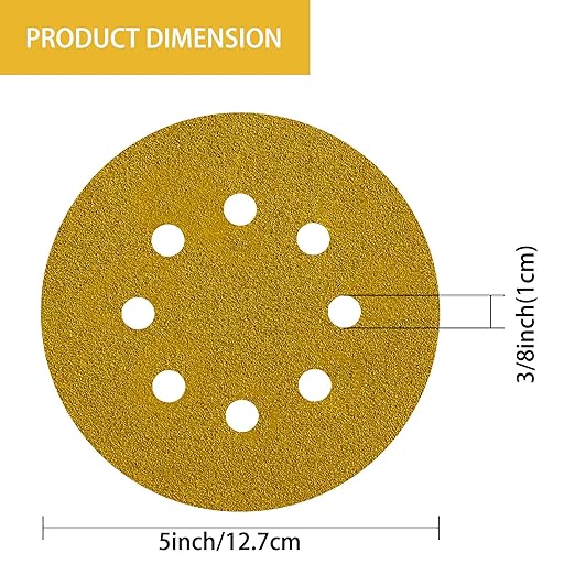 150PCS Gold Sanding Discs Set, 5-Inch 8-Hole Sandpaper for Random Orbital Sander, Including 60,80,120,150,240,320,400 Grit, for Automotive or Woodworking