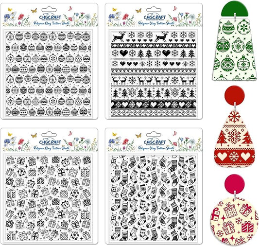 CHGCRAFT 4 Pcs Christmas Polymer Clay Texture Sheets Knitted Patterns Silicone Texture Stamp Snow Socks Clay Texture Mat Modeling Pattern Pad Sheets for Jewelry and Earrings Tools, 5.5x5.5 inch