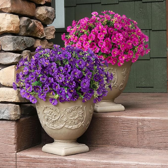 Artificial Flowers Fake Plants for Outdoors Decoration, 12 Bundles Silk Morning Glory with Eucalyptus Realistic UV Resistant Fuchsia Faux Flowers for Outside Planter Yard Patio Garden Home Indoor