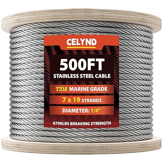 Stainless Steel Cable for Railing - 500FT 1/4" T316 Wire Rope - 7 x 19 Strands 6700 LBS Breaking Strength for Outdoor Deck Railing Zipline