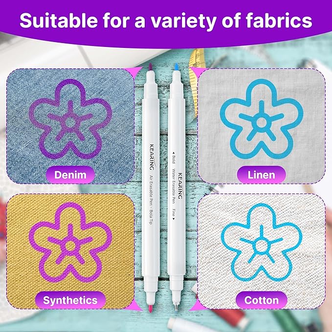 Fabric Markers for Sewing, 5 Count Pack, Includes 2 Water Soluble Fabric Marker 2 Air Erasable Pens 1 Eraser Marker, Disappearing Ink Pen, Sewing Quilting Embroidery Supplies