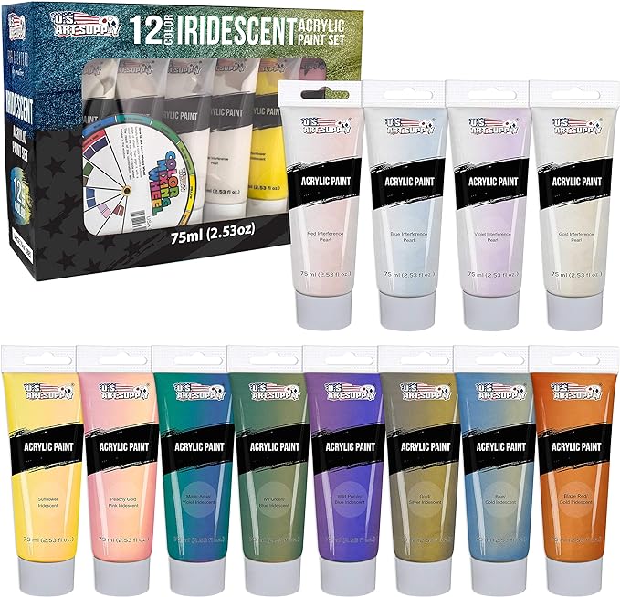 U.S. Art Supply 12-Color Iridescent Acrylic Paint Set Large 75ml Tubes - Luminescent, Chameleon, Color-Shifting Pearl Colors, Crafting Paints - Iridescent Paint Acrylics for Canvas, Wood, Rock, Paper