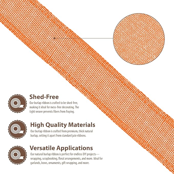 Mandala Crafts Orange Burlap Wired Ribbon 2 Inches Wide Jute Ribbons for Crafts - 10 Yds Roll Rustic Burlap Wrap Trim Ribbons for Wreaths Bows Party Decoration