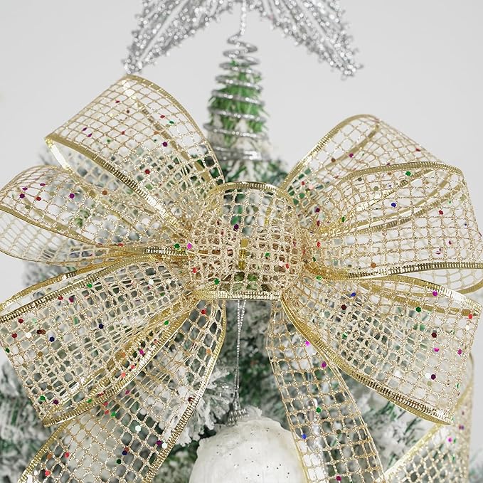 MEEDEE Champagne Gold Glitter Ribbon - 2.5 Inch Square Mesh Net Wired Ribbon with Rainbow Sparkle for Christmas Tree Decoration, Wreath Bow Making (25 Yards)