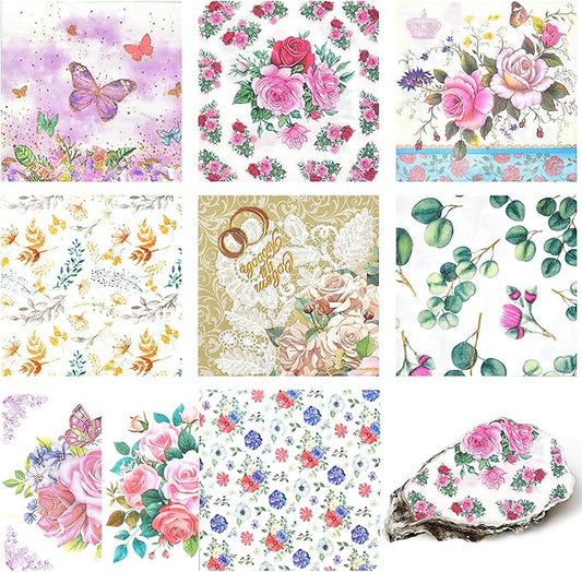 Decoupage Napkins Assorted Floral 27 Pack 9 Styles for DIY Crafting Birthday Party ， Decorative Decoupage Napkins Cocktail Paper ，Each Unfolded 13 Inch (Colorful Floral)