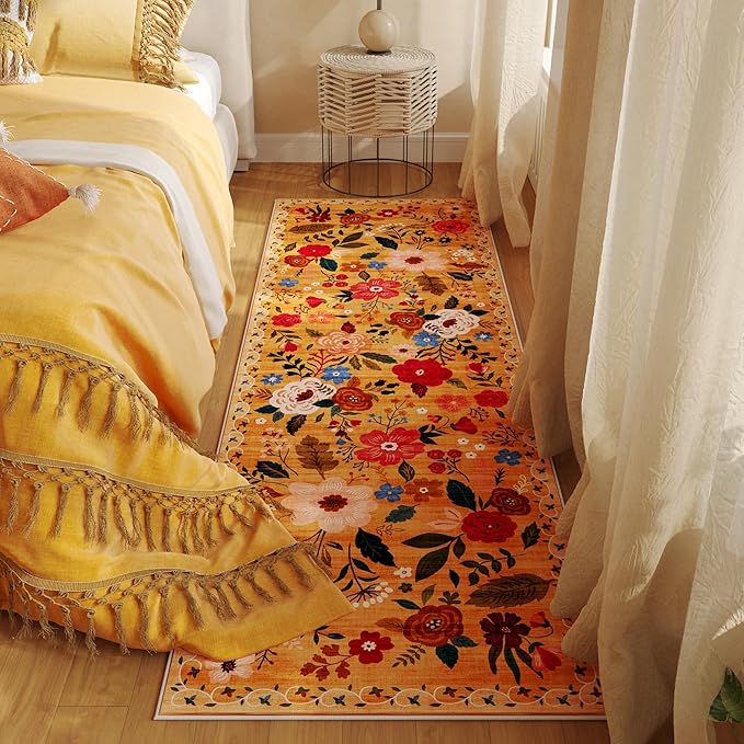Rugcomf Runner Rug for Kitchen Rug Non Slip 2'x 6' Washable Rugs with Rubber Backing Soft Floral Carpet Runner for Hallways, Kitchen, Laundry, Bedroom, Bathroom(Yellow)