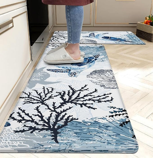 Coastal Beach Kitchen Floor Mat Rugs Nautical Decorative Coral Sea Turtle Kitchen Rugs Anti Fatigue Mats Non-Slip Comfort Standing Cushioned for Kitchen 17.3" 28" + 17.3" x 47" Set 2 Pcs Navy Blue
