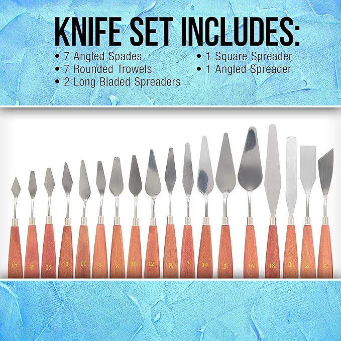 U.S. Art Supply 18-Piece Stainless Steel Palette Knife Set for Acrylic Painting - Wood Handle Paint Spatula Tools for Oil, Canvas Art - Painting Knives for Mixing, Texturing - Pallet Knives for Art