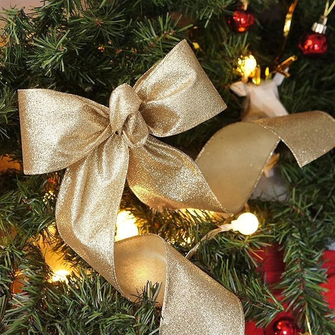 CT CRAFT LLC Glitter Wired Ribbon 2.5" x 10 Yards Light Gold for Christmas Home Decor Bow Gift Wrapping DIY Crafts Wreath