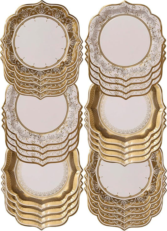 Talking Tables 24 x Gold Disposable Paper Party Plates in 3 Styles, Strong and Sturdy Elegant Scalloped Design Recyclable Dishes for Christmas, Birthday Weddings, Anniversary 9inch