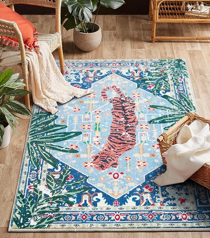 Washable Oriental Rugs Boho Vintage Tropical Jungle 5x7 Area Rugs Thin Plant Oriental Carpet for Bedroom Kitchen Dining Living Room Office Distressed Indoor Entry Floor Rug