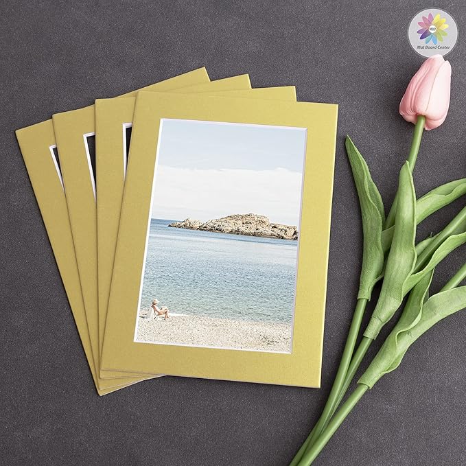Mat Board Center, Pack of 10, 5x7 for 4x6 Old Gold Color Mats - Bevel Cut, Acid Free, 4-ply Thickness, White Core - for Pictures, Photos, Framing