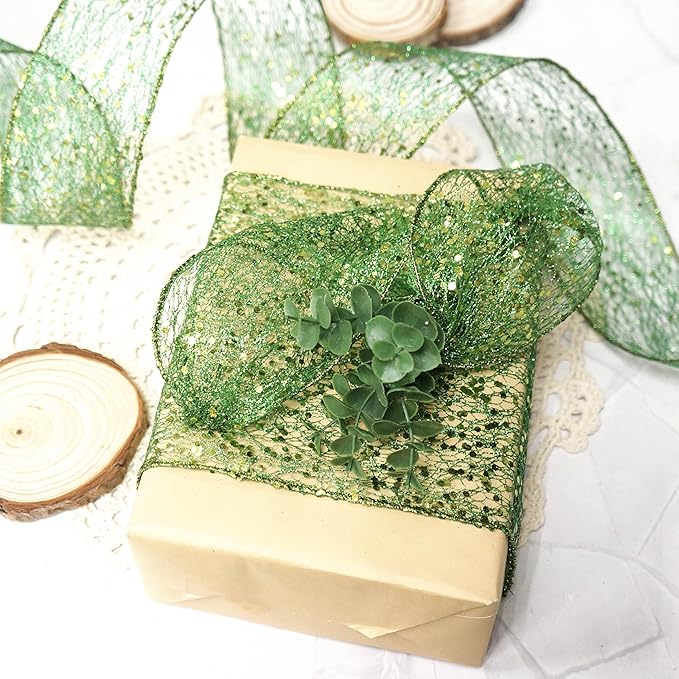 CT CRAFT LLC Sparkling Glitter Mesh Wired Ribbon 6" x 10 Yards Green for Christmas Home Decor Bow Gift Wrapping DIY Crafts Wreath