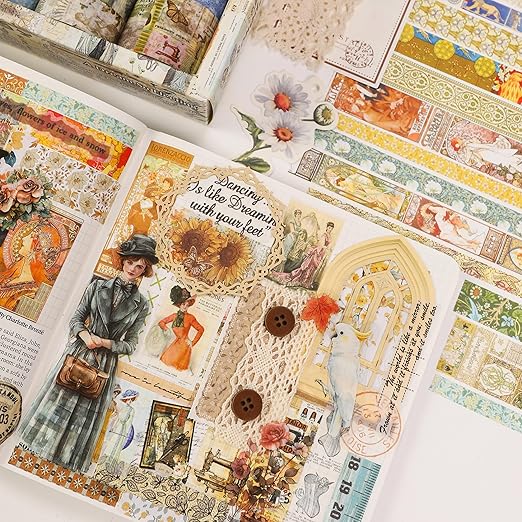 Vintage Washi Tape Set - 24 Rolls Arts Adhesive Tapes Assorted Retro Decorative Masking Tape Sets for Craft, Kids, Scrapbook, DIY, Gift Wrapping (1-Renaissance Dreams)