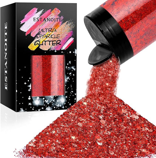 Estanoite Holographic Chunky Glitter, 160G/5.64OZ Glitter, Mixed Fine & Chunky Glitter for Epoxy Resin, Iridescent Glitter for Crafts Tumblers, Halloween Christmas Festival Painting Decor (Red)