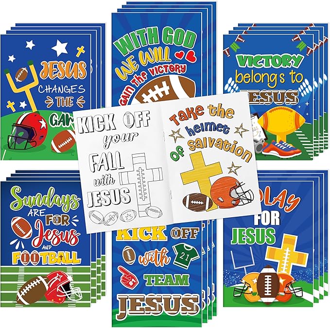 JAPBOR Football Coloring Books for Kids - 24PCS Mini Christian Themed Color Book Bulk Party Favors, Religious Jesus Bible Small Colour Pages for Sunday School Church Classroom Drawing Painting Games