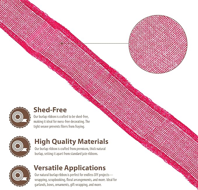 Mandala Crafts Hot Pink Burlap Ribbon 1.5 Inches Wide Jute Ribbons for Crafts - 20 Yds Roll Rustic Burlap Wrap Trim Ribbons for Wreaths Bows Wedding Party Decoration