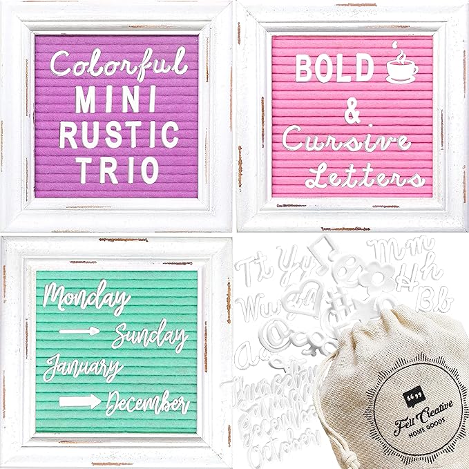 Mini Rustic Felt Letter Board Farmhouse Trio Changeable Message Boards by Felt Creative Home Goods Vintage Style Frames 3 Pack Bundle White Letter Set with Cursive Months Days (6x6) Color Edition