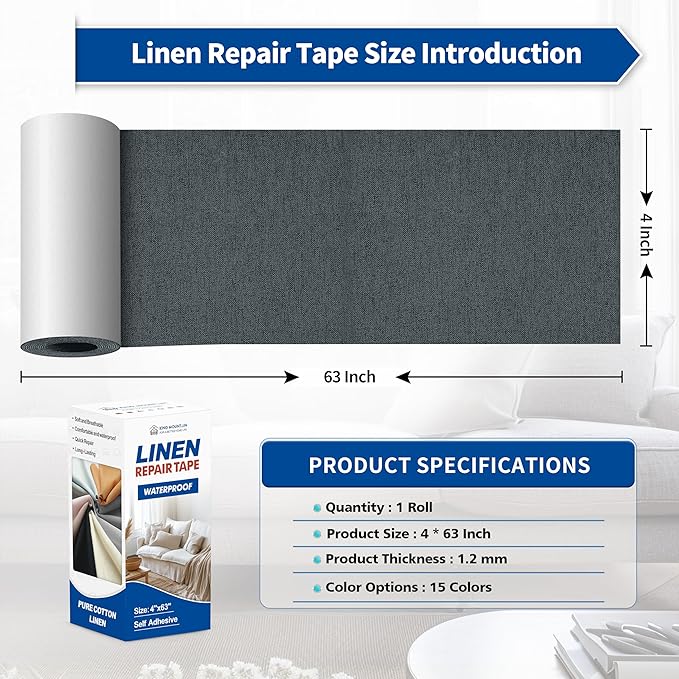 KING MOUNTAIN Linen Repair Patches, Self-Adhesive Linen Fabric Patches, 4 X 63 inch Extra Size, Multi Color, Can be Used for Linen Sofa Repair and Linen Clothes Repair (Charcoal Gray)