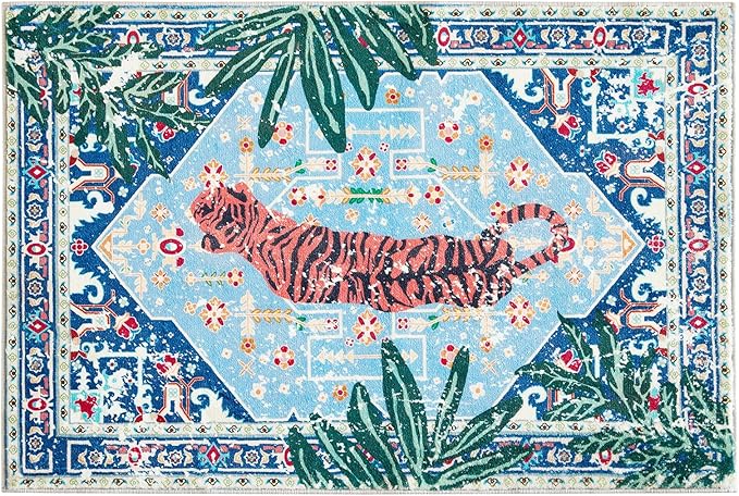 Tropical Rugs, 3x5 Thin Boho Small Area Rugs for Bathroom Kitchen Small Indoor Entryway Rug Modern Vintage Distressed Summer Jungle Plant Accent Carpet Non-Slip Washable