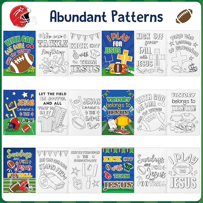 JAPBOR Football Coloring Books for Kids - 24PCS Mini Christian Themed Color Book Bulk Party Favors, Religious Jesus Bible Small Colour Pages for Sunday School Church Classroom Drawing Painting Games
