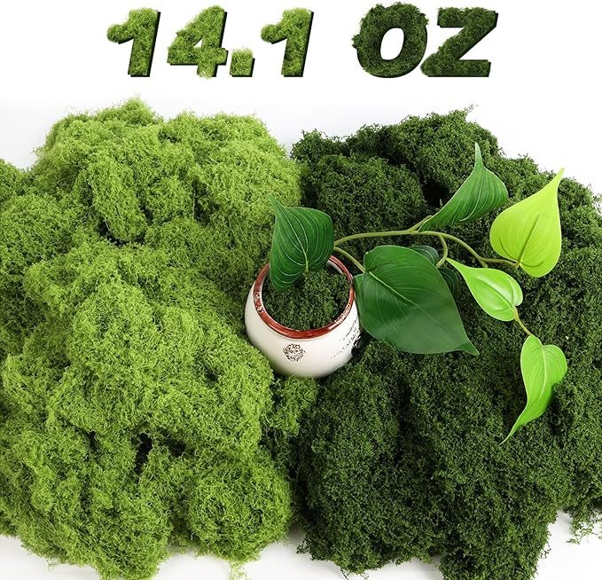 Jollidecor Fake Moss for Crafts, 14.1 OZ Artificial Moss for Plants Indoor Decorative Light Green and Dark Green Faux Moss DIY Fairy Garden Decor for Potted Plant