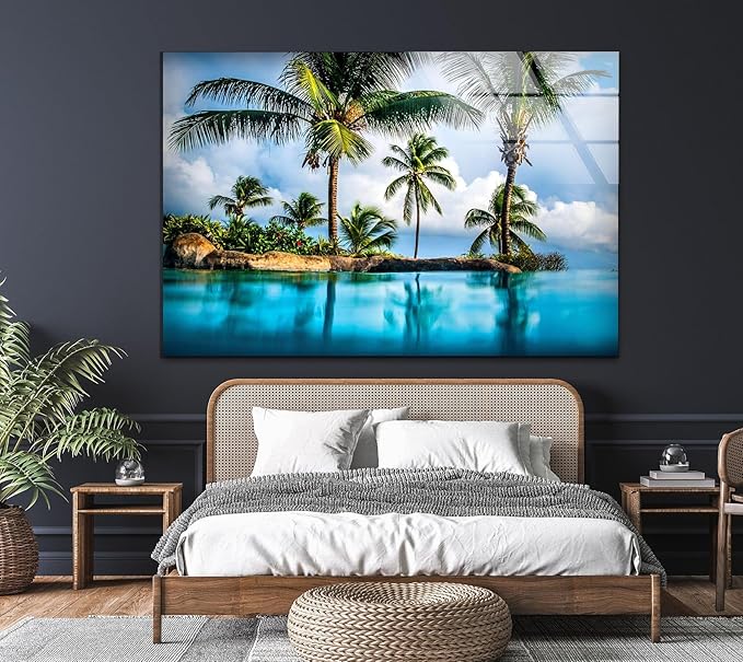 My Photostation.com 35.5Wx30H'' Island & Blue Sea Glass Wall ArtTempered Glass Printing Wall Decor Large Wall Art Wall Hangings