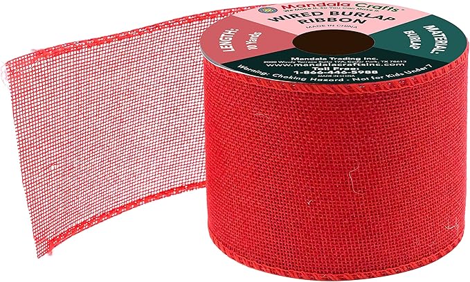 Mandala Crafts Red Burlap Wired Ribbon 3 Inches Wide Jute Ribbons for Crafts - 10 Yds Roll Rustic Burlap Wrap Trim Ribbons for Wreaths Bows Party Decoration