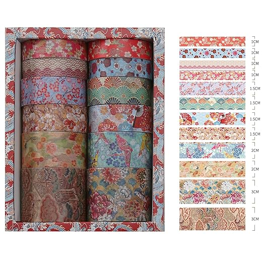 12 Rolls Kyoto Charm Washi Tape Set Japanese Arts Adhesive Tapes Geometric Garden Decorative Masking Tape Sets for Craft, Kids, Scrapbook, DIY, Gift Wrapping (Incense & Fireworks)
