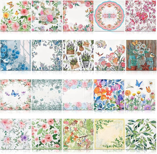 Crtiin 20 Pack Assorted Floral Napkins for Decoupage Toilet Napkins Flower Cocktail Decorative Paper for Birthday Party Beautiful Gorgeous, 20 Styles Each 6.5 inches(Style 6)